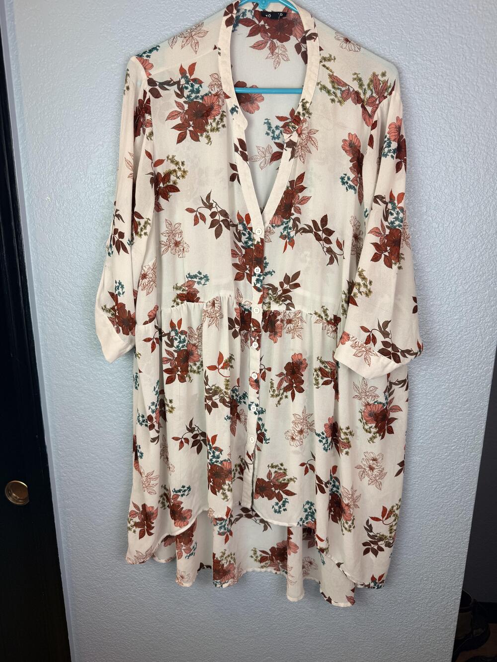Torrid Dress Womens 4 White Floral Button Front Swing Shirt Midi Roll Tab Sleeve